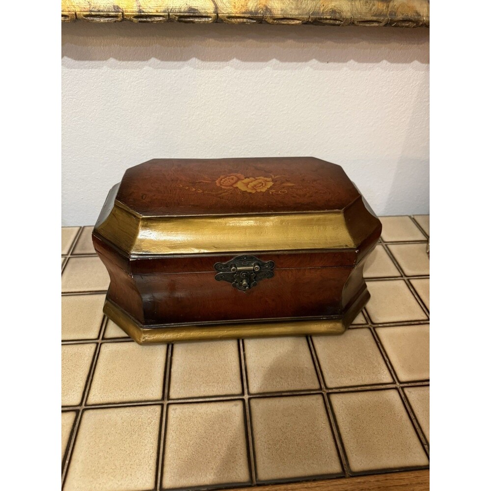 Vintage Large Jewelry Keepsake Box Floral Faux Burl Wood Gold Trim 12"